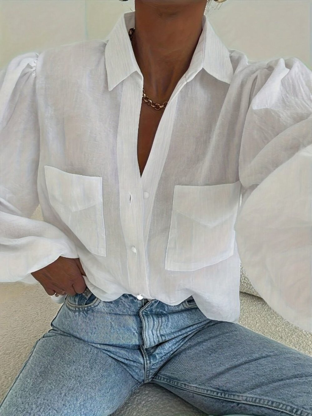 White Casual Women's Sheer Fabric Loose Fit Pocket Long Sleeve Shirt - Picture 3 of 4
